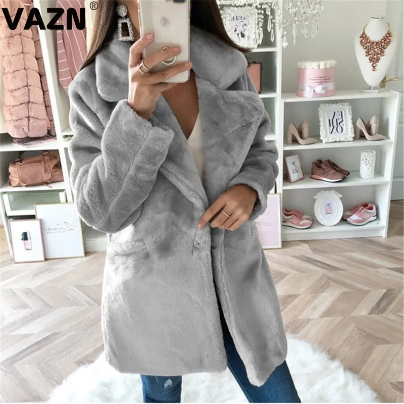VAZN, зимняя, высококачественная, теплая, Неопрятная, Молодежная, сексуальная, повседневная, мягкая, однотонная, длинный рукав, для женщин, энергетическая, тонкая, дикая, Джокер, толстая, длинная верхняя одежда - Цвет: Серый