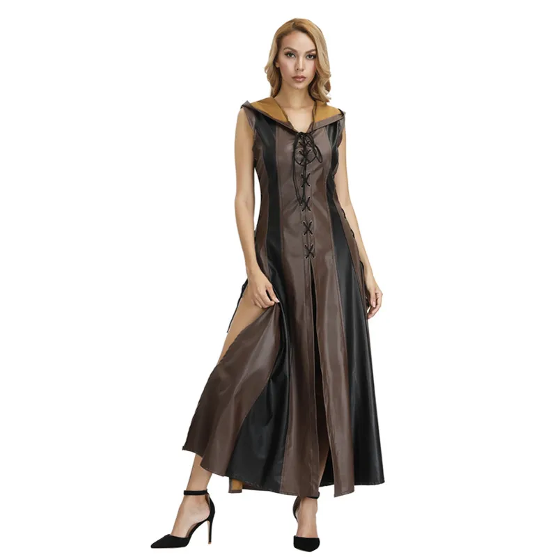 Женский длинный костюм эльф из искусственной кожи с капюшоном|Костюмы фильмов и