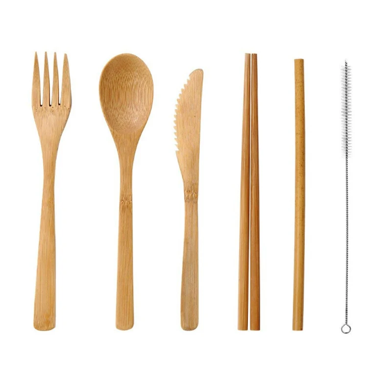 Bamboo Cutlery Set with Cutlery Bag Reusable Wooden Fork Spoon Knife Set Tableware Nature bamboo Travel eco friendly