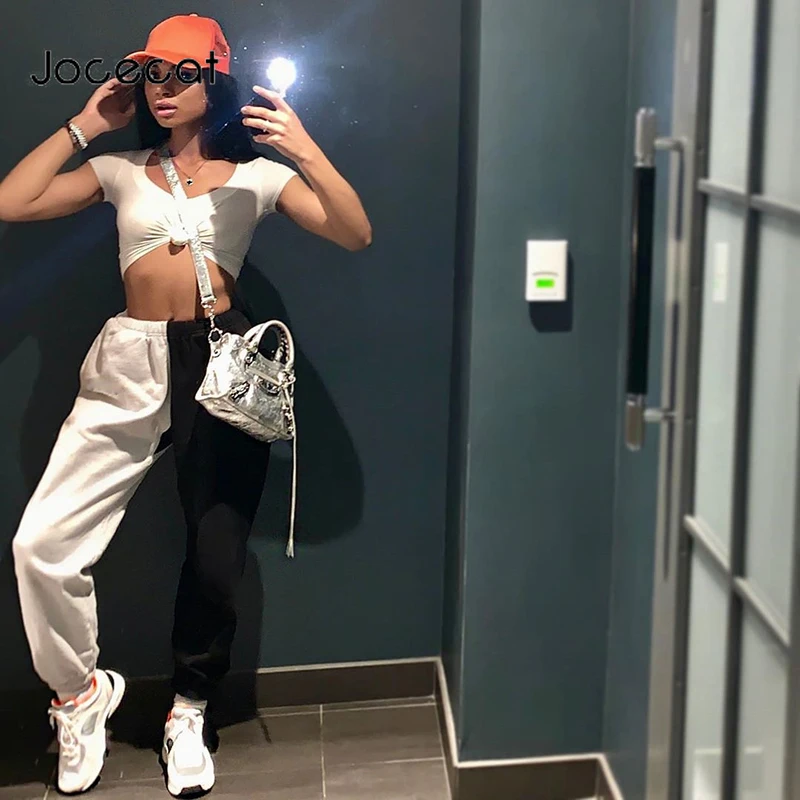 

Jocecat Contrast Color Casual Womens Jogger Sweatpants Hip Hop Baggy Pants Pockets Elastic High Waist Harem Trousers Streetwear