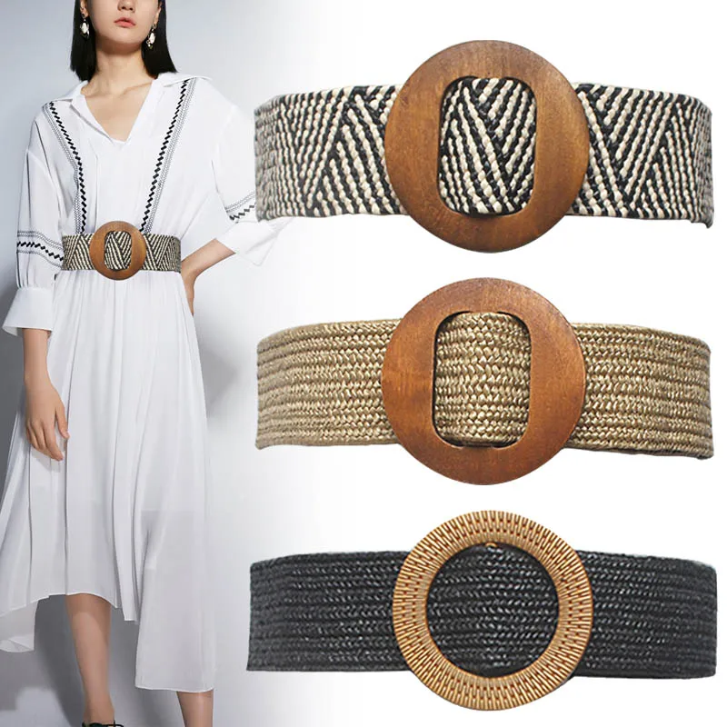 Vintage Boho Braided Belt Round Square Smooth Buckle PP Straw Woven Breathable Waist Strap Dress  Ladies All-match Waistband