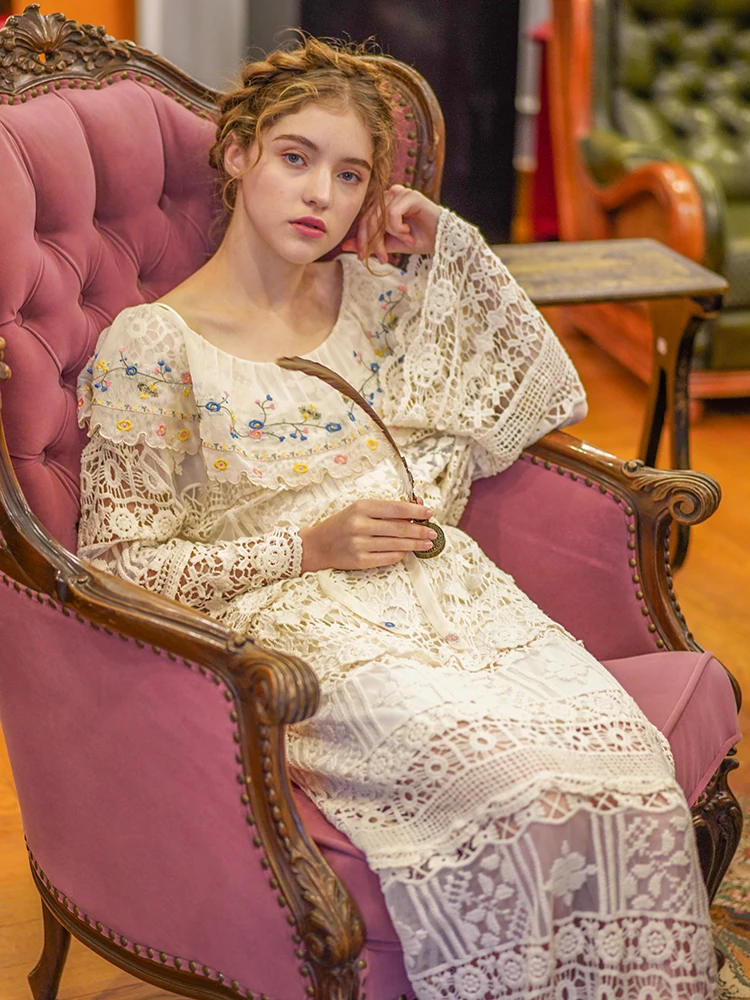 

Spring Summer Original Design Women French Vintage Flower Exquisite Embroidery Mori Girls Loose Hollow Out Knitted White Dresses