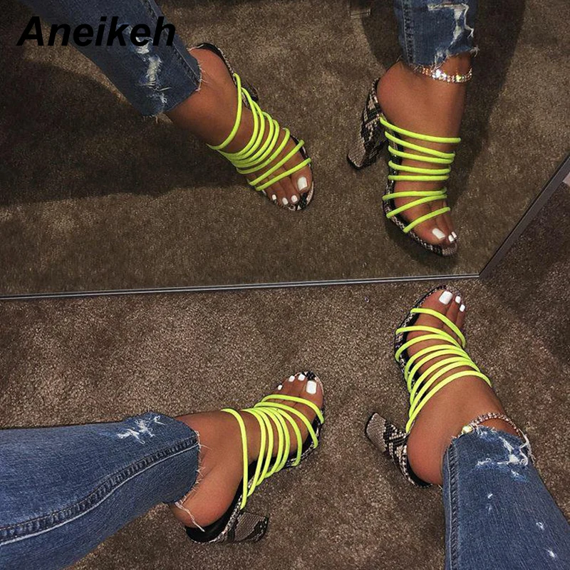 

Aneikeh 2020 New Summer Sandals Slippers Fluorescent green Square High Heels Flip Flop Hollow Women Shoes Sexy Pumps Slippers