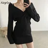 Neploe Solid Color Sexy Cross V-neck Dress Autumn Chic High Waist Knitted Bodycon Dresses Women Soft Casual Simple Vestidos 4