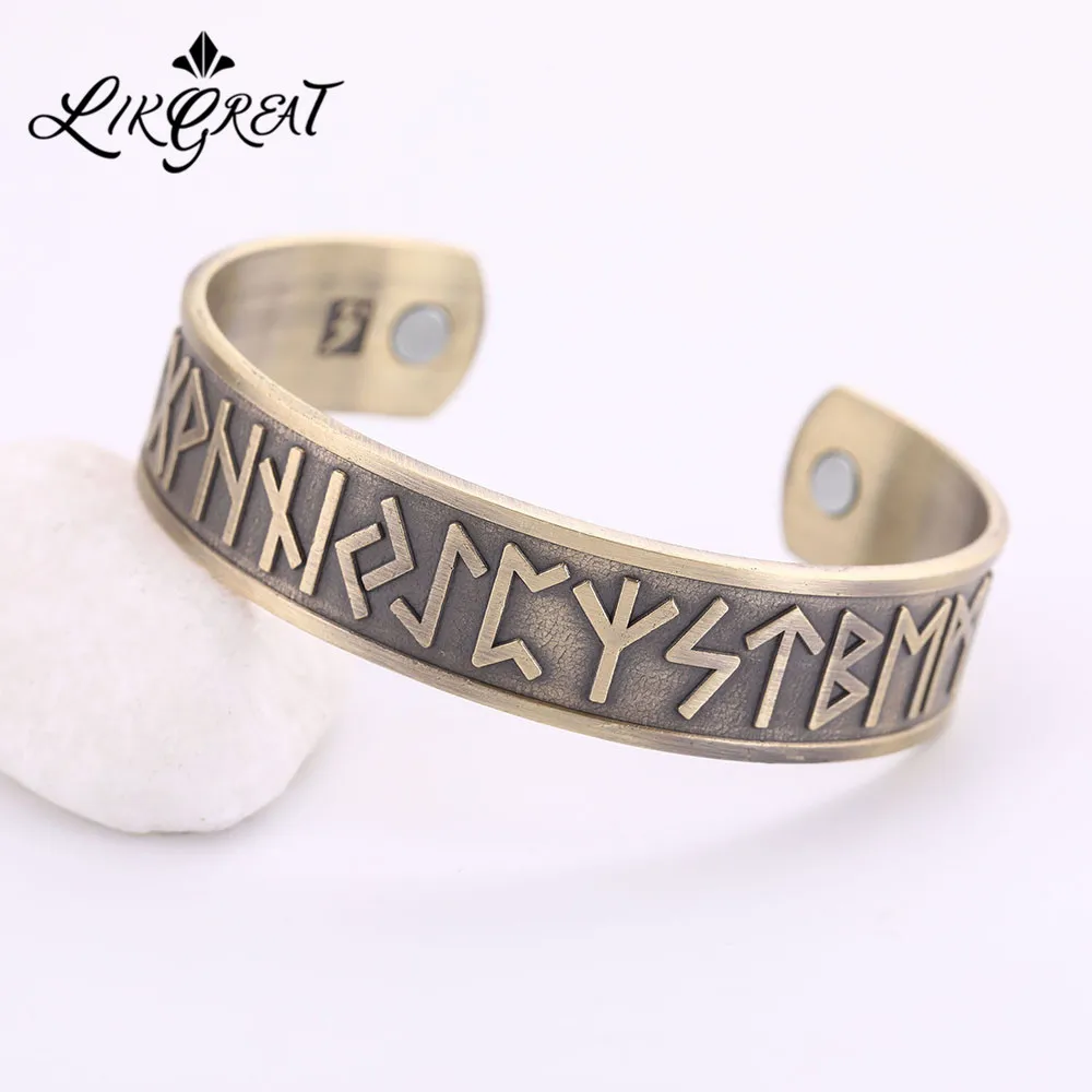 LIKGREAT Vintage Nordic Rune Open Cuff Bracelet Magnetic Therapy - Main Image