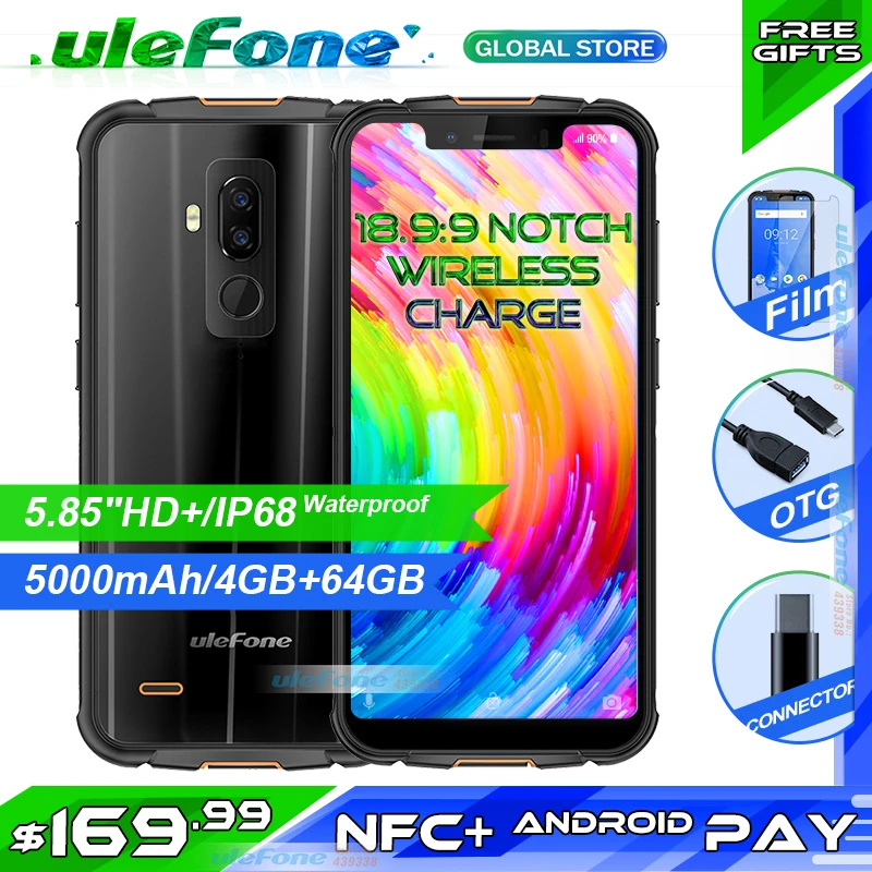 

Ulefone Armor 5 IP68 Waterproof Mobile Phone Android 8.1 Octa Core 4GB+64GB 5.85" HD+ NFC Face ID Wireless Charge 5000mAh