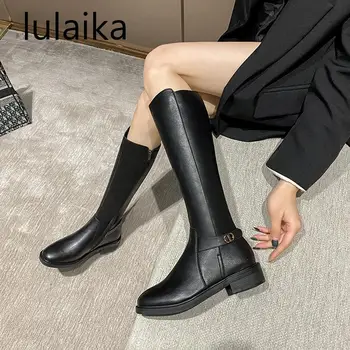 

Winter Knee High Boot Women Mid Calf Boots Natural Genuine Leather Platform Motorcycle Boots Zipper Ladies Long Boot 2020