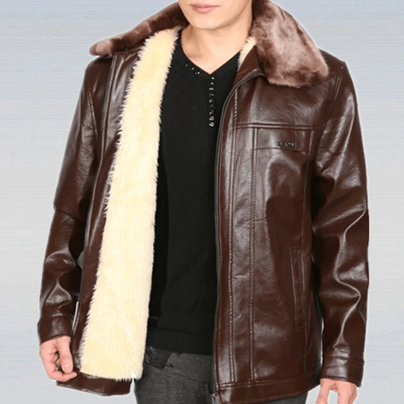 

Middle-aged Men Fur Collar plus Velvet Leather Coat Loose And Plus-sized Daddy Clothes Thick-Winter Coat Men'S Wear