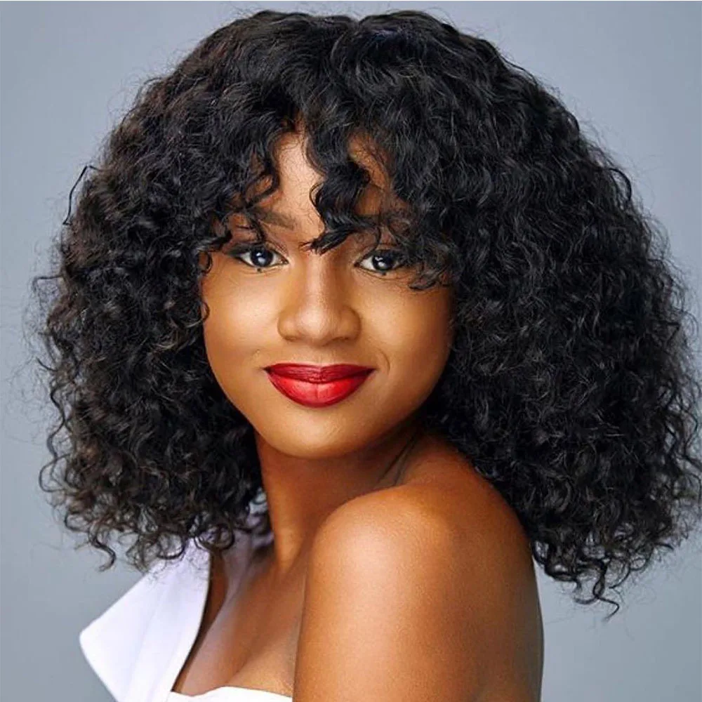 Court Bob brésilien bouclés cheveux humains perruques pleine Machine fait perruque avec frange pour les femmes 100% Remy cheveux humains perruques couleur naturelle