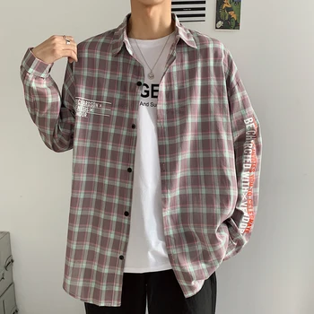 

2020 Spring And Autumn New Youth Popular Plaid Letter Printing Long-sleeved Shirt Fashion Casual Loose Single-breasted Shirt