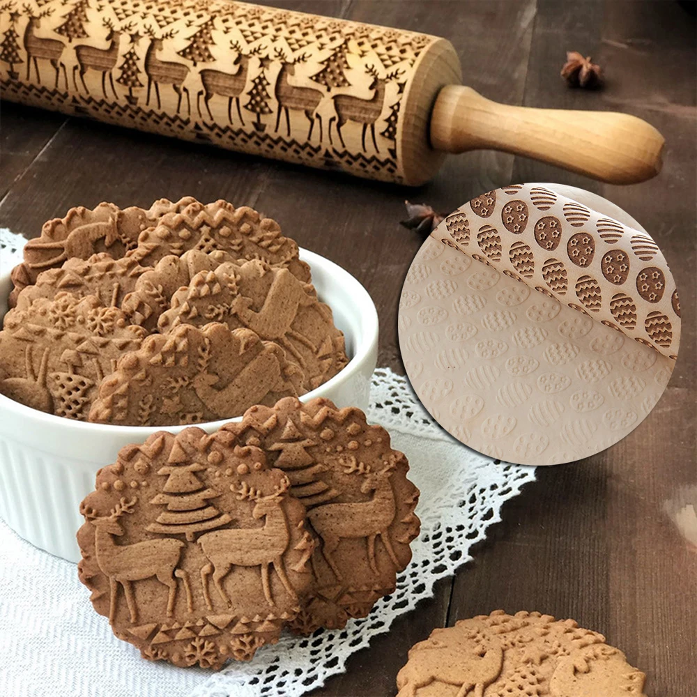 

1 Pcs Christmas Wooden Printing Engraved Rolling Pin Embossed Cookie Sticks Roller-type Printing Enamel Multi-pattern Optional 5