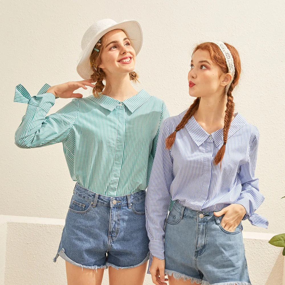 Goede Metersbonwe 2019 Vrouwen Gestreepte Blouse Lange Mouw Blouse Revers Vierkante Kraag Shirts Casual Office Tops Losse Blouses