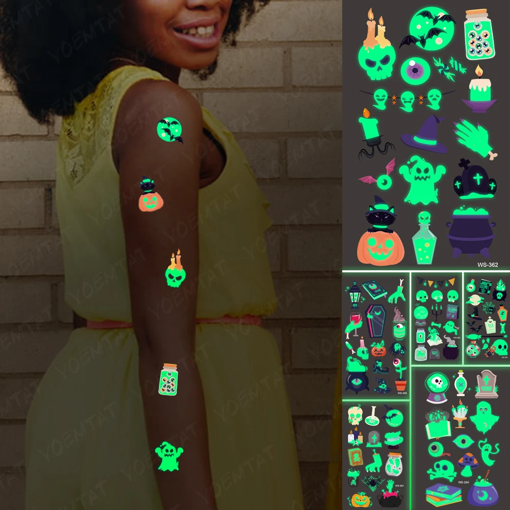

Glow Waterproof Temporary Tattoo Sticker Ghost Face Pumpkin Lantern Cross Skull Halloween Kids Child Boys Girls Luminous Tatto