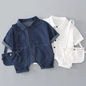 

Baby Rompers with Bag Spring Summer Children Denim Solid Pattern Three Quarter Sleeve Jumpsuit Kids Clothes 2pcs Fashion
