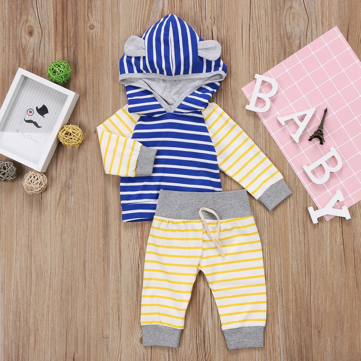 cute Newborn Baby Boys Girls autumn outfits long striped sleeve Hooded Sweatshirt long Striped Pants Outfit Set Clothes for baby