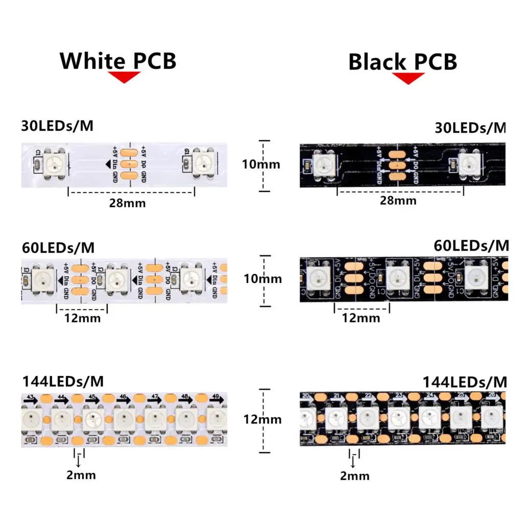 1 м/5 м WS2812B Светодиодная лента 30/60/144 пикселей/светодиодов/m WS2812 Смарт RGB светодиодный светильник цвета: чёрный, белый PCB IP30/65/67 DC5V
