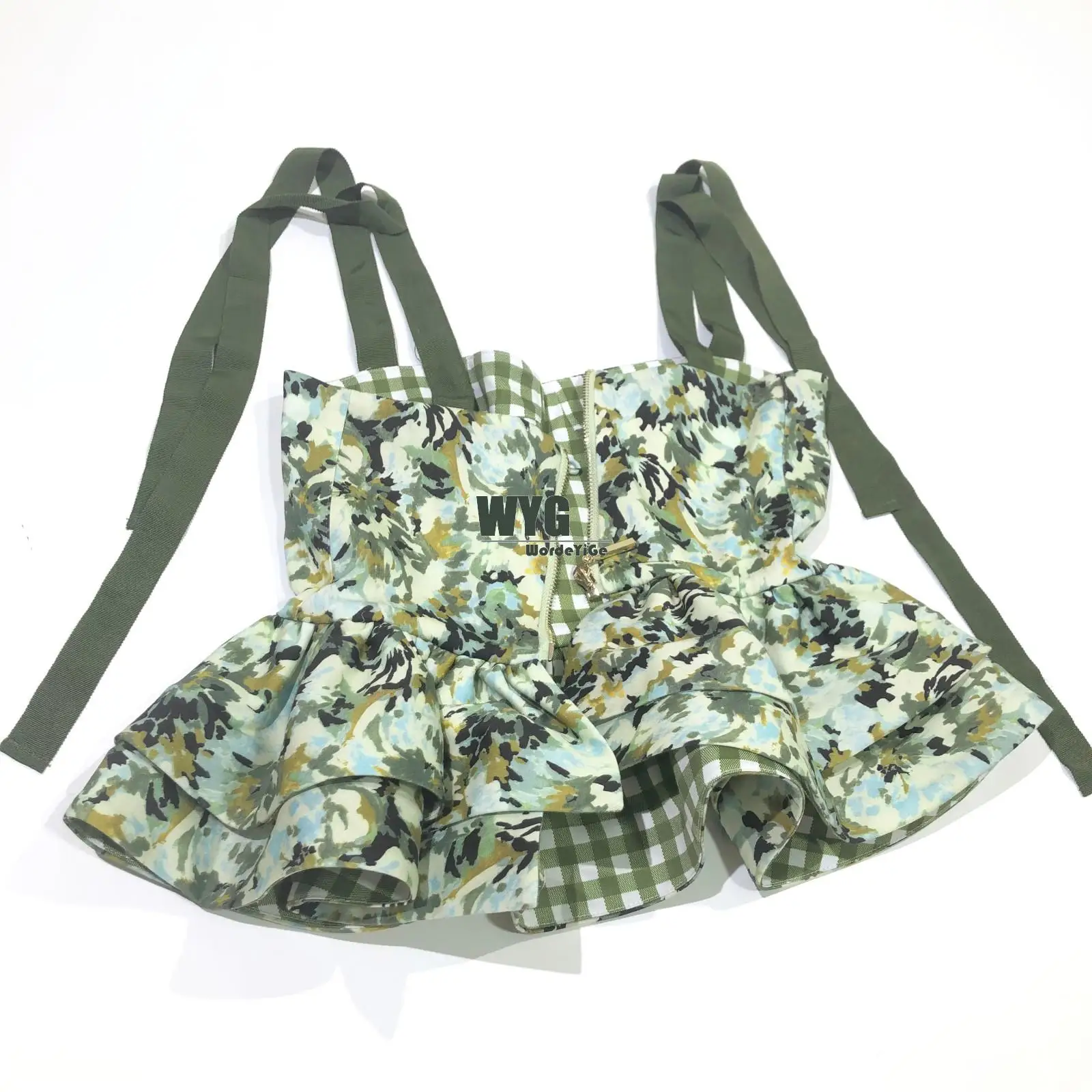 Elegant Yellow Plaid Sleeveless Tops + Irregular Skirts 2020 Summer High Quality Printed Sexy Wasp Waist Tops and Empire Skirt