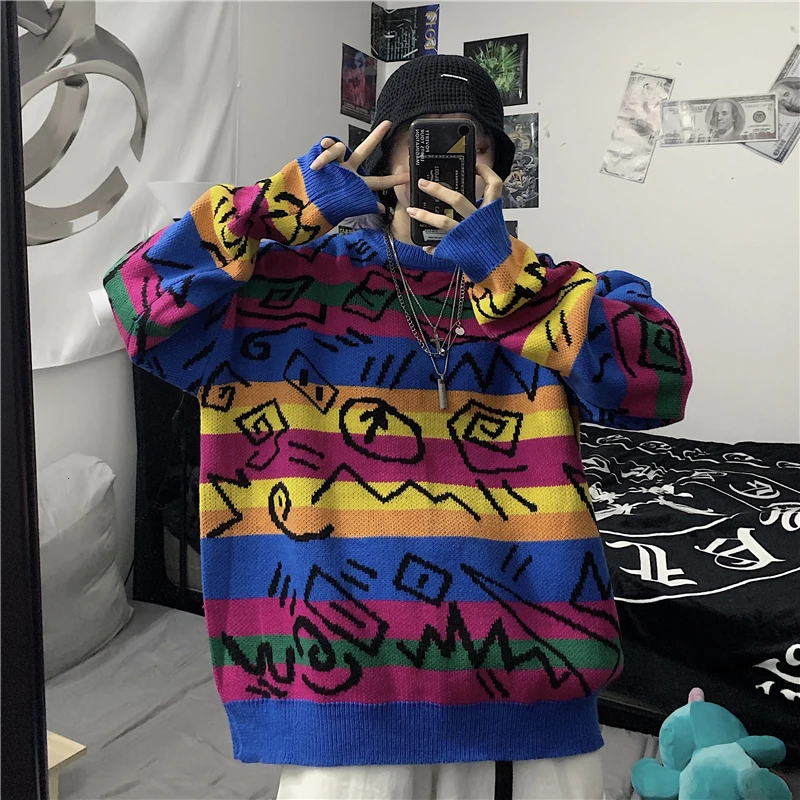 

Winter Thick Sweater Men Warm Fashion Print Contrast Color Casual Knit Sweaters Man Long-sleeved Striped Pullover Men Sweter