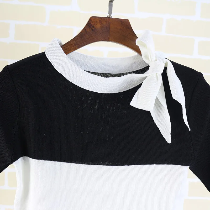 summer women's knit short-sleeved T-shirt Slim round neck bow T-shirt knit shirt bottoming outside wearing office lady tops