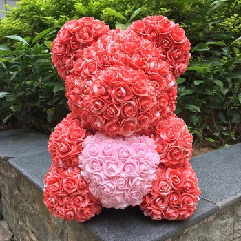 

Hot 40cm Artificial Rose Heart Teddy Bear Handmade Bear of Roses For Women Valentine's Day Wedding Bithday Gift