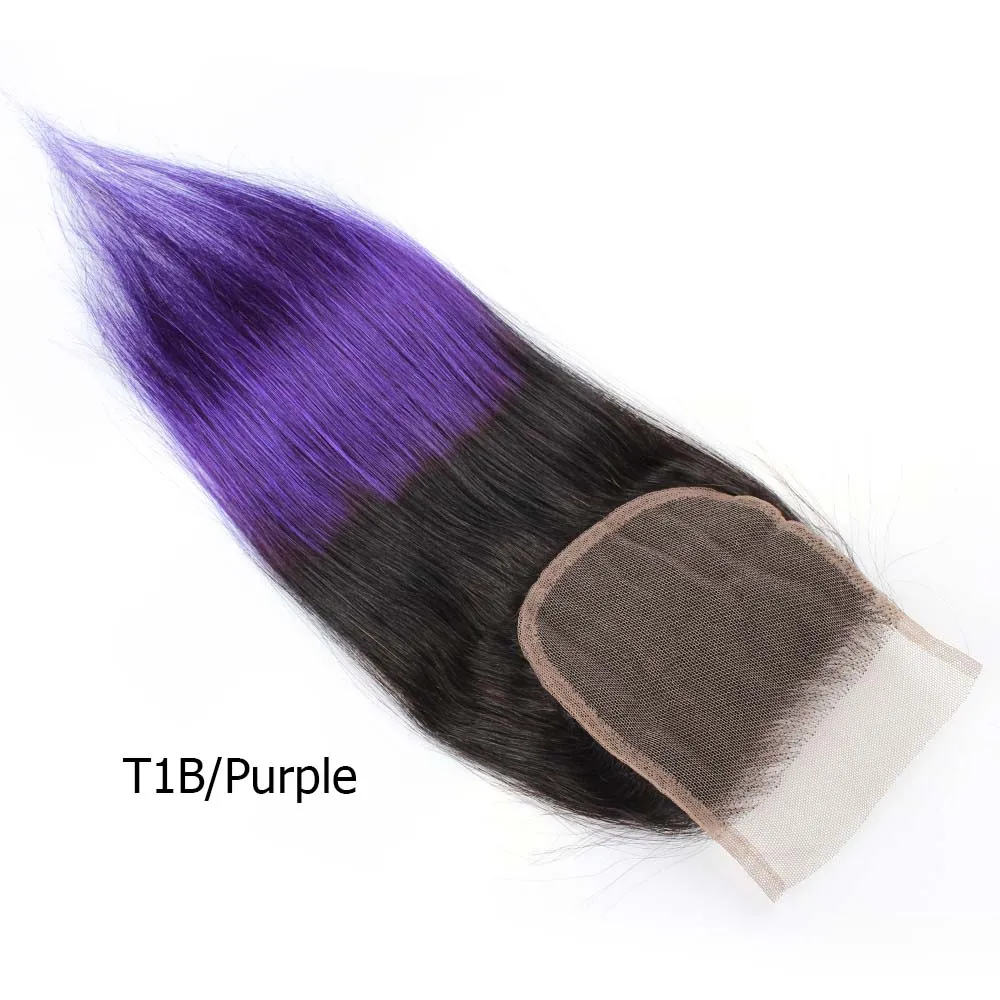 1B Purple MOGUL волосы Омбре Фиолетовый Синий Зеленый Красный бразильские 10-18 дюймов прямые волосы 4*4 Кружева Закрытие Remy человеческие волосы закрытие - Цвет волос: 1B Purple
