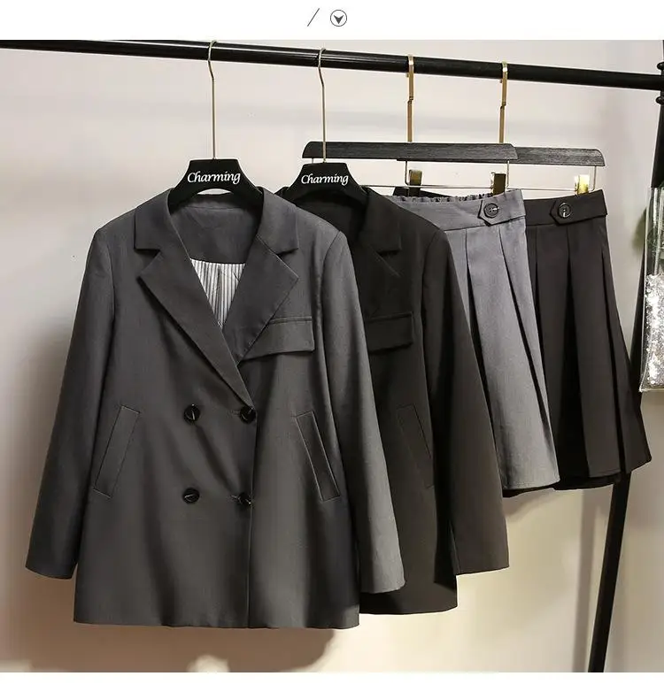 XL-5XL осенние женские костюмы больших размеров повседневные двубортные пальто+ комплект с плиссированной юбкой блейзеры размера плюс офисные юбки Комплекты
