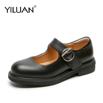 

Yiluan 2020 New Small Leather Shoes Female Word Buckle Mary Jane Leather Shoes Women Lolita Black Velcro Flat Student Shoes