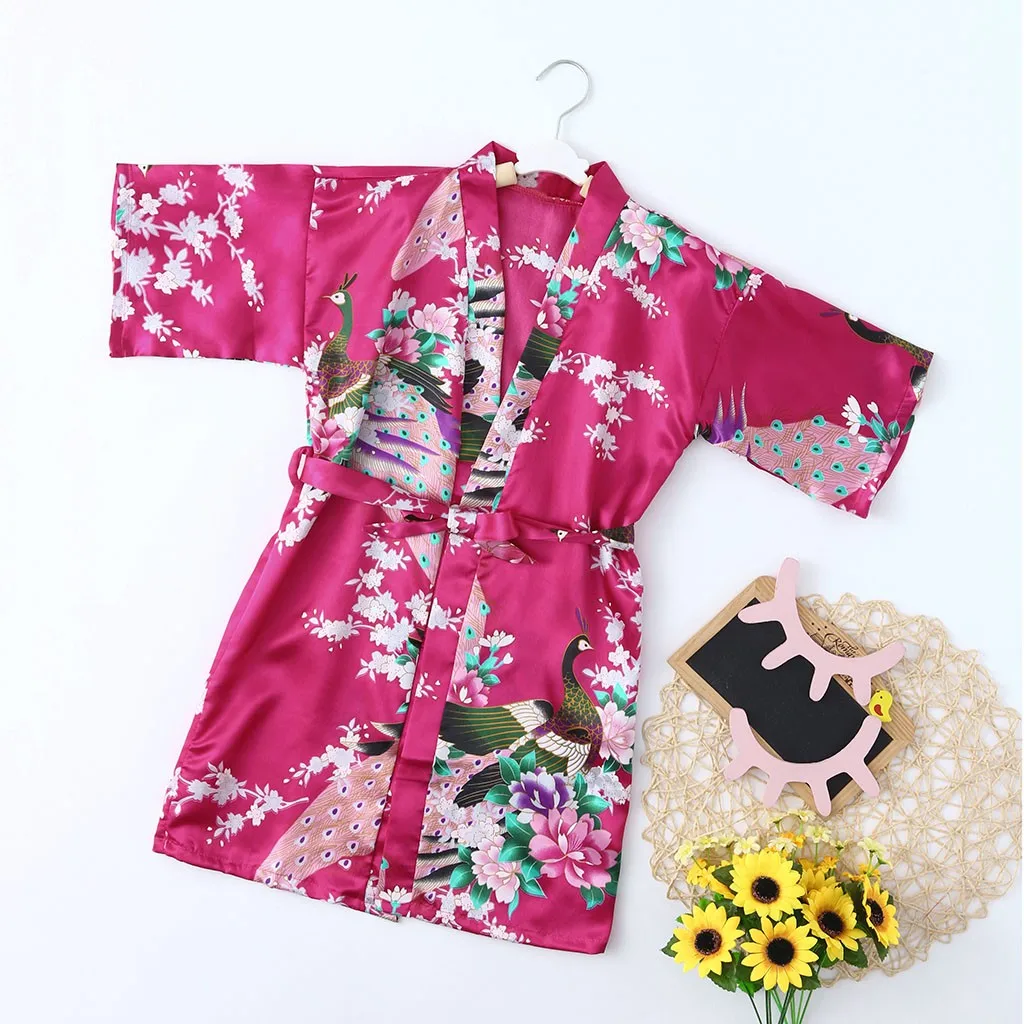 TELOTUNY Baby Kid Girls Sleeve Floral Print Silk Satin Kimono Robes Bathrobe Lace Up Thin Cardigan Nightgown Sleepwear Clothes