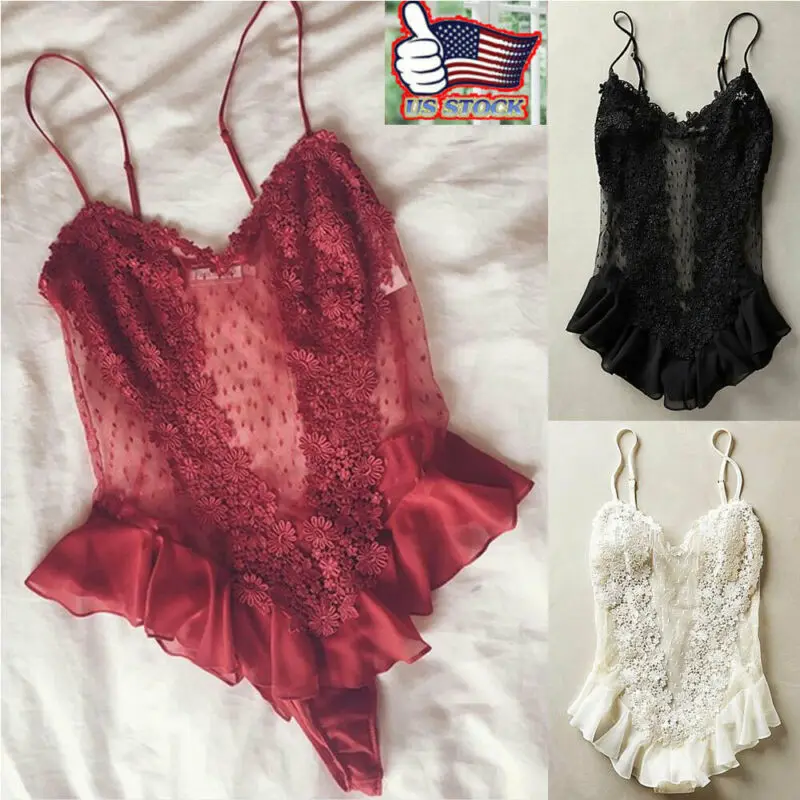 Women Sexy Lingerie Silk Lace Mesh Sleeveless Solid Babydoll Nightdress Sleepwear Bodysuits Erotic Sex See-through Costume