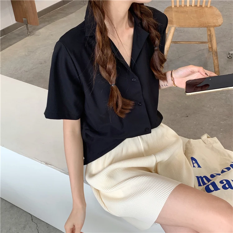 Turndown Collar Short Sleeve Chiffon Shirt Blouse Women 2020 Office Ol Overalls Shirt Casual Button Loose Summer Simple Tops Turndown Collar Short Sleeve Chiffon Shirt Blouse Women 2020 Office Ol Overalls Shirt Casual Button Loose Summer Simple Tops