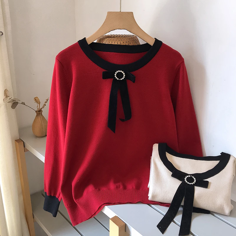 

Bowknot Lace Lapel Knitted Sweater Women Solid Long-sleeved Simple Commuter Elastic Bottoming Sweater Pullover Female Spring