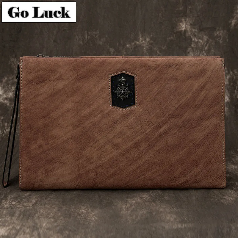 

GO-LUCK Brand Business Genuine Leather Wristlet Day Clutches Wallet Bag Men Cowhide Zipper Ipad Pack Men's Handhold Bags