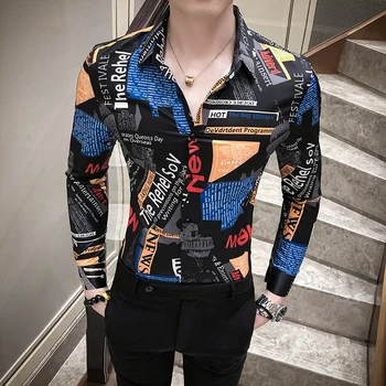 

2020 New Luxury Printing Shirt Men Black White Long Sleeve Social Men Club Prom Shirt Camisa Masculina Straight Hawaiian Shirt