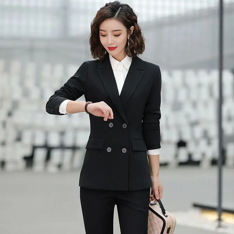 

Casual long-sleeved professional pants suit high quality 2019 new slim waist double-breasted black blazer Office suit two-piece