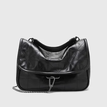 

High quality luxury leather lady bag metal chain single shoulder cross body bag simple check PU handbag black large capacity bag