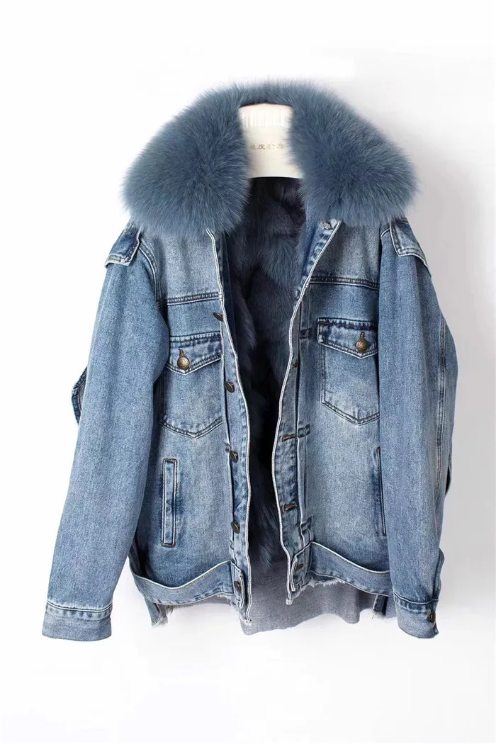 real fur coat Winter Jacket Women Coat Real fox Fur lined denim jacket Parka back letter print