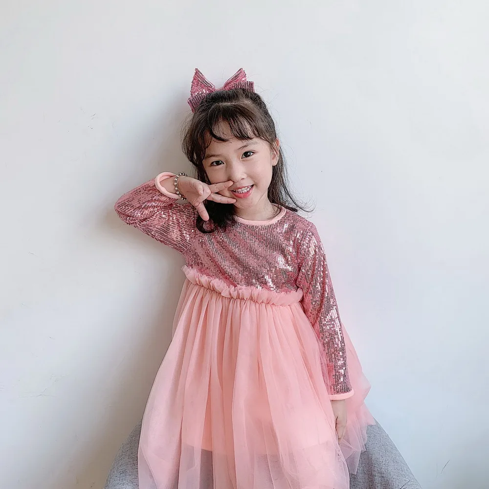 

2020 New Style Pink Sequins Girls Dress Kids Princess Tutu Dresses for Wedding Party With Hair Clip Baby Clothes 1-10Y E81230