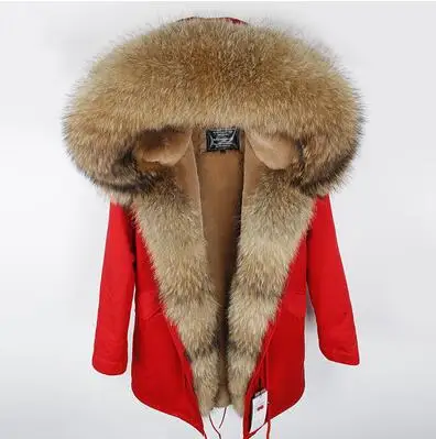 Высококачественная длинная меховая парка, теплая зимняя куртка, пальто для женщин размера плюс, настоящий большой енотовый меховой воротник, с капюшоном, утолщенное пальто, одежда - Цвет: red long