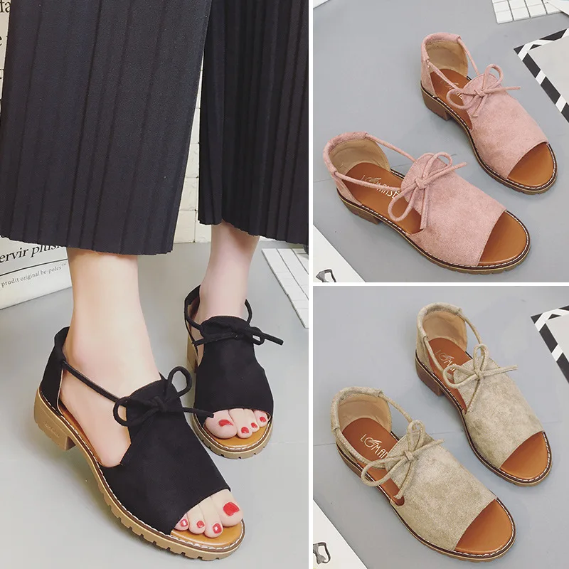 

2019 New Thick with Sandals Female Summer Fish Mouth Buckle Roman Shoes Solid Color Low-heeled Women Sandals