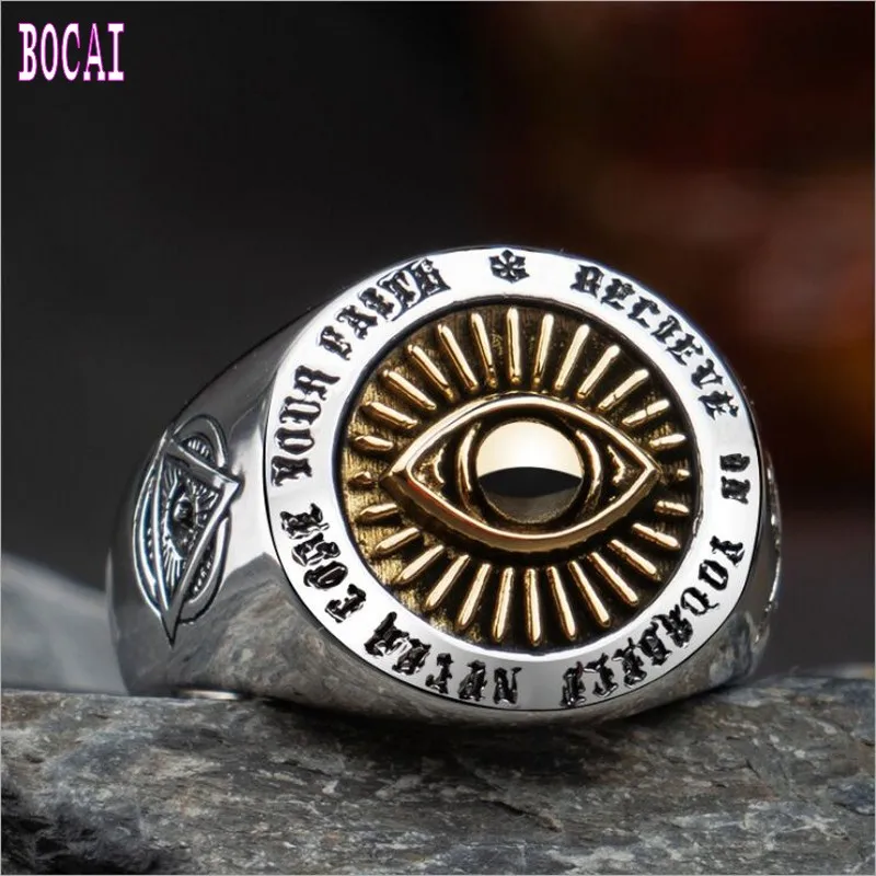 

New S925 Silver Jewelry Devil's Eye Men's Ring Mesh Red Vintage Punk Style Men's Fashion Silver Ring