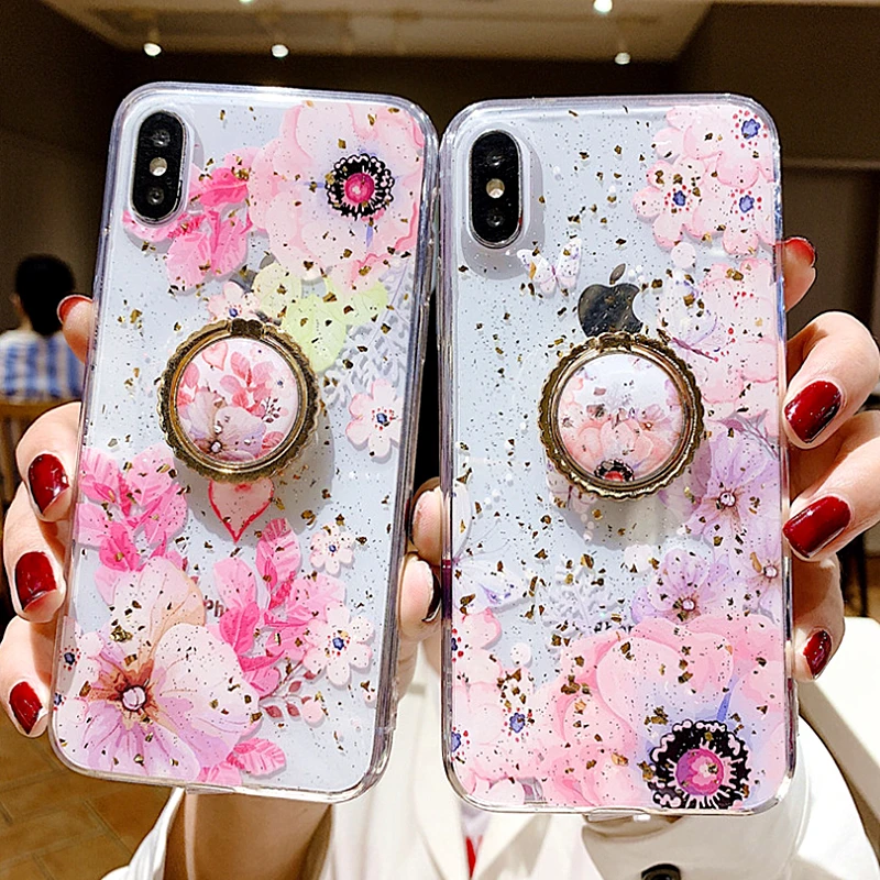 

HERONSWING Gold Foil Flowers Phone Case For iphone Xr 7 Case 8 6 6s Plus Xs Max Bling Floral with Stand Finger Ring Soft Cover