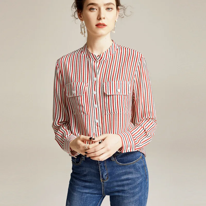 100% Natural Silk Striped Blouse 20202 Women Stand Collar Korean Top  Casual  Chiffon Blouse Blusas Mujer De Moda Woman Clothes - 4.00066E+12