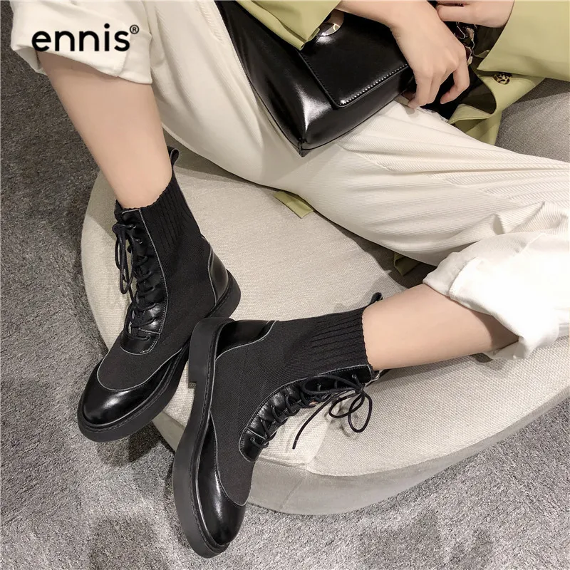 ENNIS/черные женские ботильоны; ботинки на плоской подошве со шнуровкой; женские вязаные ботинки из натуральной кожи; сезон осень-зима; Ботинки martin; Новинка; A9351