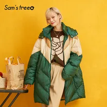 SAM'S TREE Green лоскутное теплое пуховое пальто с капюшоном для женщин Зима Новая модная повседневная Офисная Женская одежда оверсайз