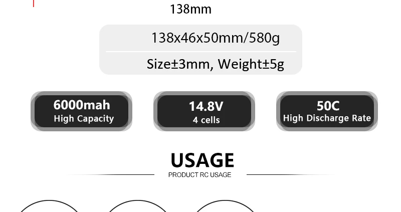 HRB 4S 14.8V 6000mah Lipo Battery, 138mm 138x46x50mm/580g Sizet3mm, Weight