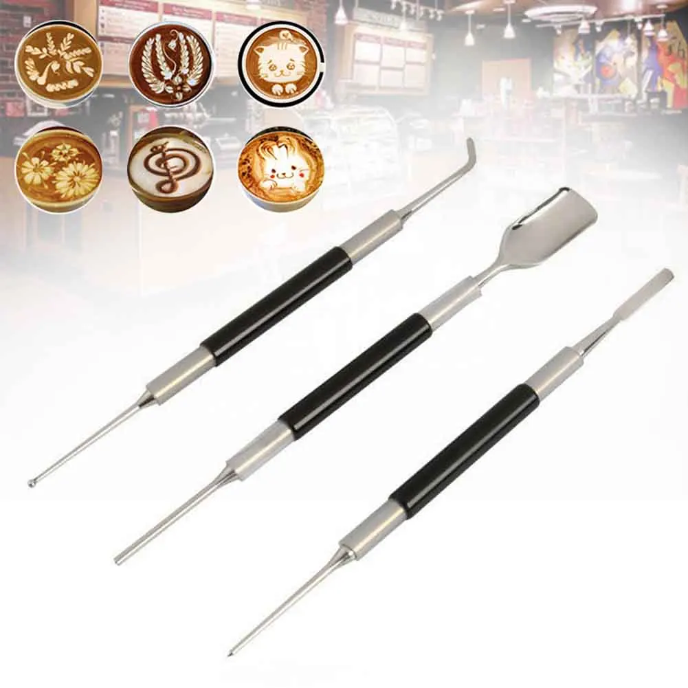 

3pcs/set DIY Tool Cappuccino Kitchen Stainless Steel Latte Decorating Tamper Home Coffee Art Pen Needle Carving Barista Cafe