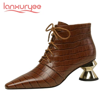 

Lanxuryee work boots natural leather striped cross-tied small square toe high strange heel zip dress office lady ankle boots L09