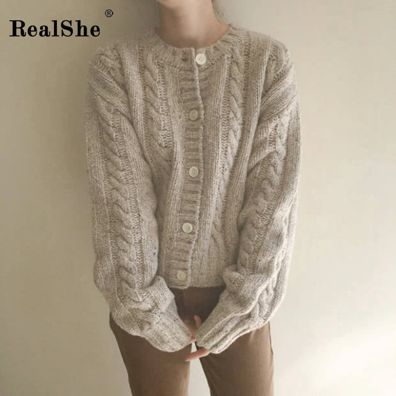 RealShe, вязаный женский свитер,, круглый вырез, длинный рукав, однотонный кардиган, женский, весна, осень, Повседневный, на пуговицах, вязаный кардиган, пальто