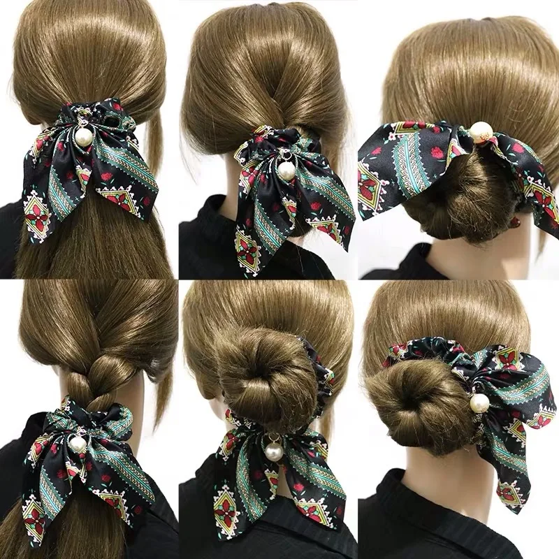 Fashion Hair Scrunchies Jewelry Ponytail Holder Bow Elastic Accessories For Women Scarf Tie Band Ribbon Headwear |