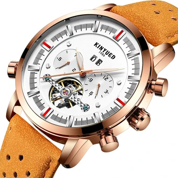 

KINYUED Men's Watches Tourbillon Mechanical Wristwatches Men Luxury Genuine Leather 30M Waterproof Fashion Casual Skeleton Clock